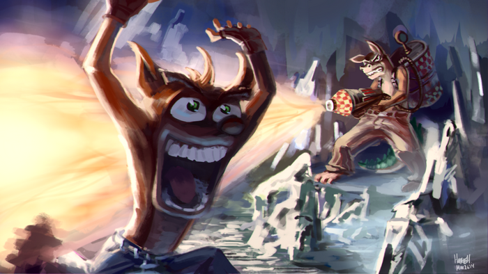 Crash Bandicoot in a cave with a villain