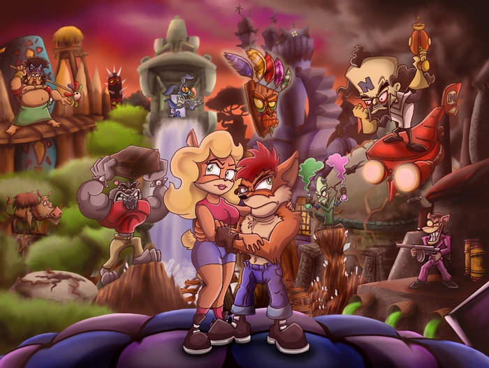 Crash and Coco Bandicoot with villains from Crash Bandicoot