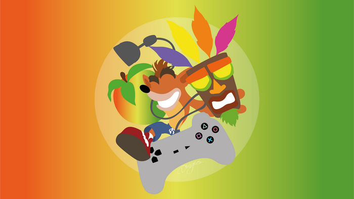 Crash Bandicoot with Aku Aku mask and game controller