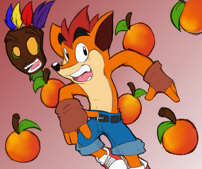 Crash Bandicoot with Aku Aku mask and Wumpa Fruit