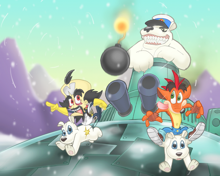 Crash Bandicoot and allies on a vehicle