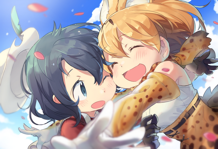 Serval from Kemono Friends hugging another character