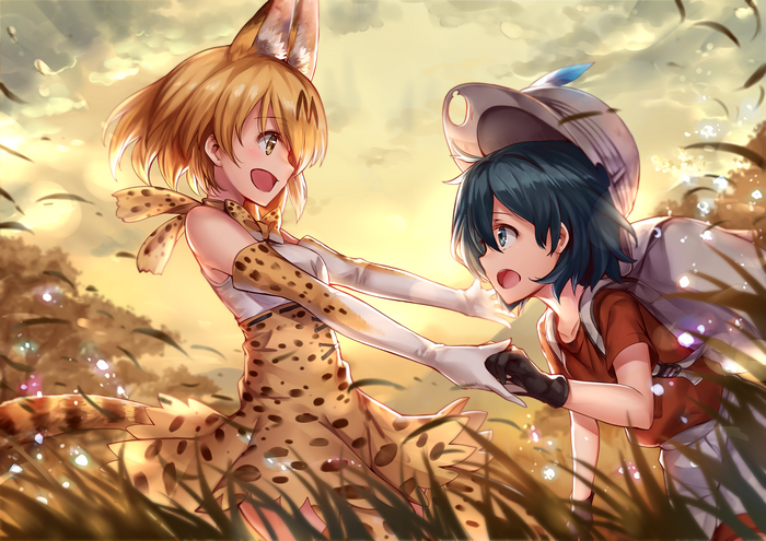 Serval from Kemono Friends reaching for a friend