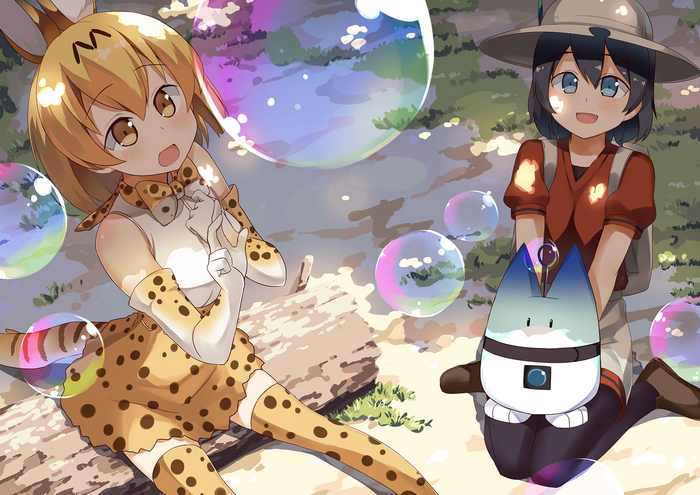 Serval from Kemono Friends with a girl and a robot