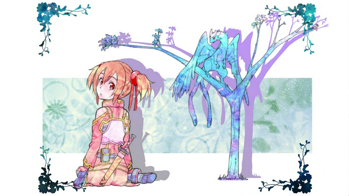 Pina from Sword Art Online sitting next to a tree with a creature