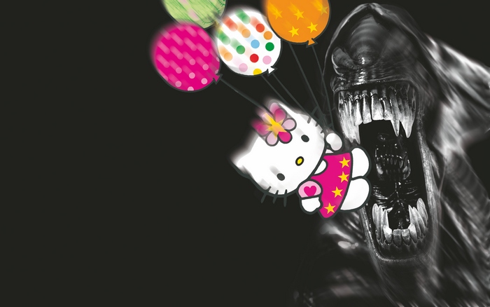 Hello Kitty and Xenomorph with Balloons
