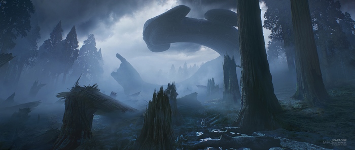 Alien creature in a foggy forest