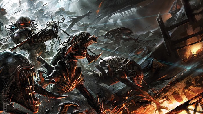 Predator fighting Xenomorphs