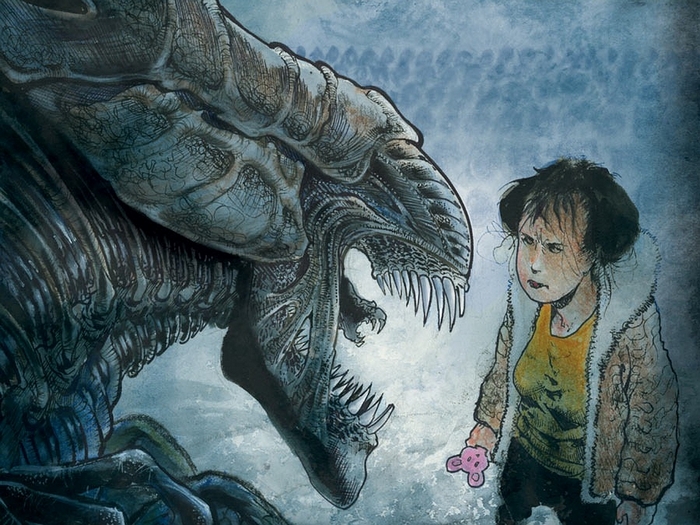 Xenomorph and a girl with a teddy bear