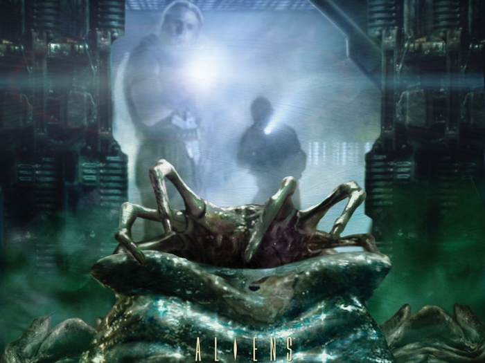 Aliens movie poster with facehugger and marines