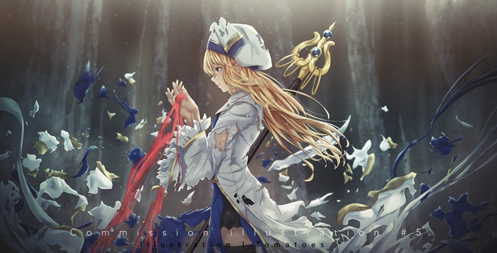 Priestess Holding Red Ribbon in Mystical Forest