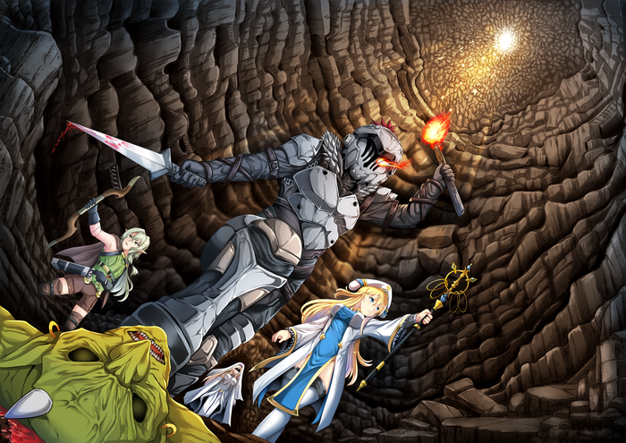 Goblin Slayer and companions in a cave