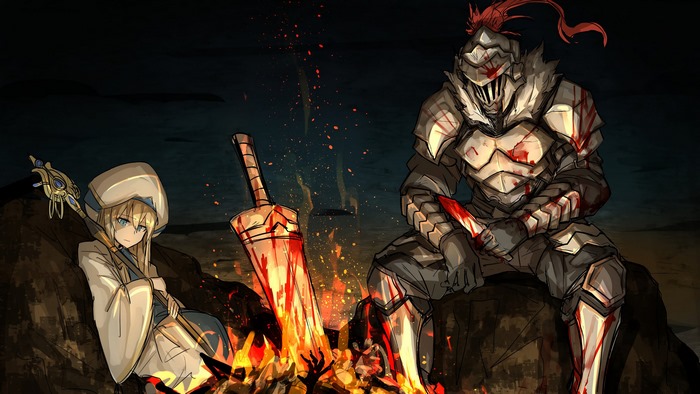 Priestess and Goblin Slayer by a campfire
