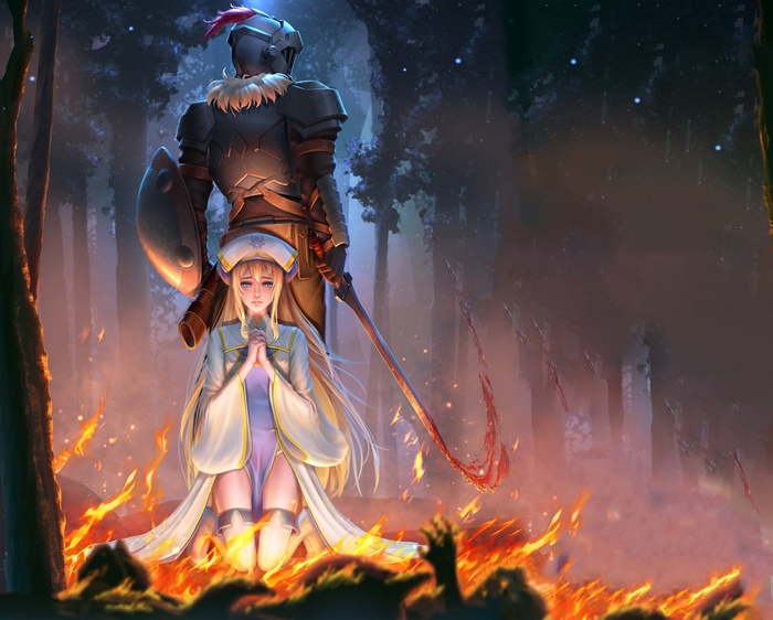 Priestess and Goblin Slayer in a burning forest