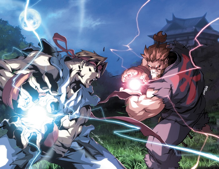 Ryu and Akuma from Street Fighter fighting