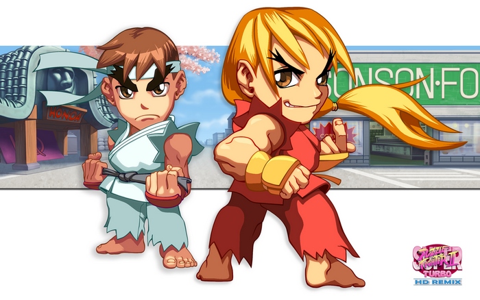 Ryu and Karin from Street Fighter in chibi style
