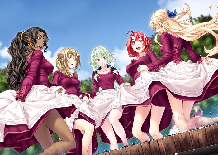 Five women in maroon and white dresses
