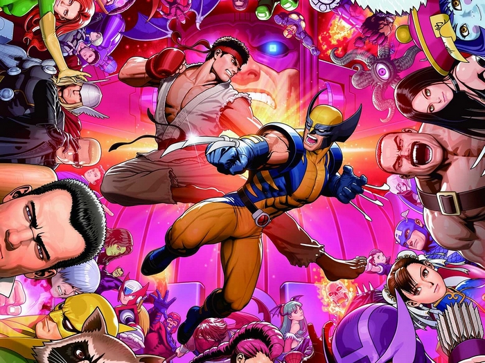 Ryu and Wolverine fighting with Marvel and Street Fighter characters