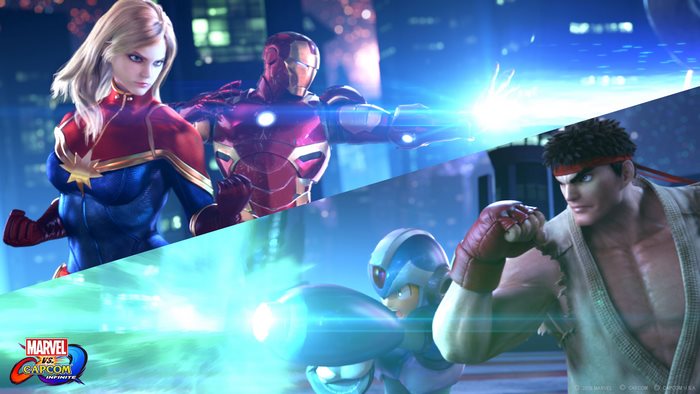 Captain Marvel, Iron Man, Mega Man X, and Ryu from Marvel vs. Capcom: Infinite