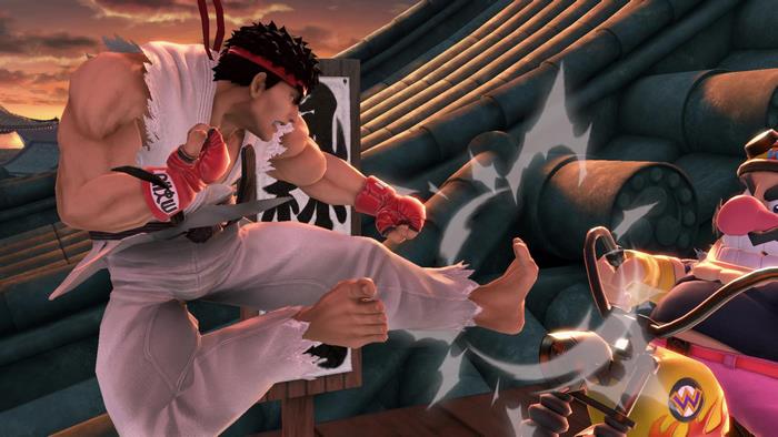 Ryu from Street Fighter kicking Wario