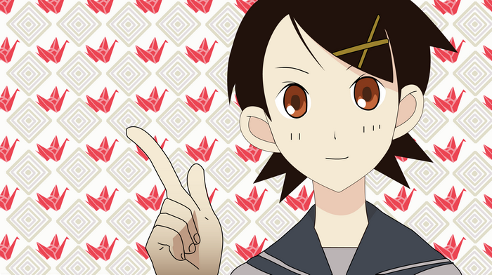 Kafuka Fuura pointing with origami crane background