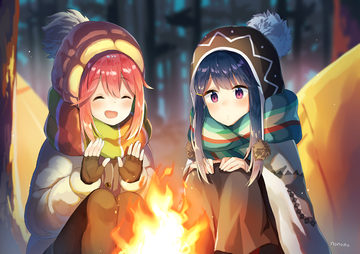 Nadeshiko Kagamihara and Rin Shima camping by a fire