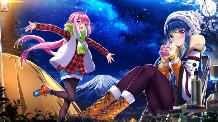 Nadeshiko Kagamihara and Rin Shima camping under the stars