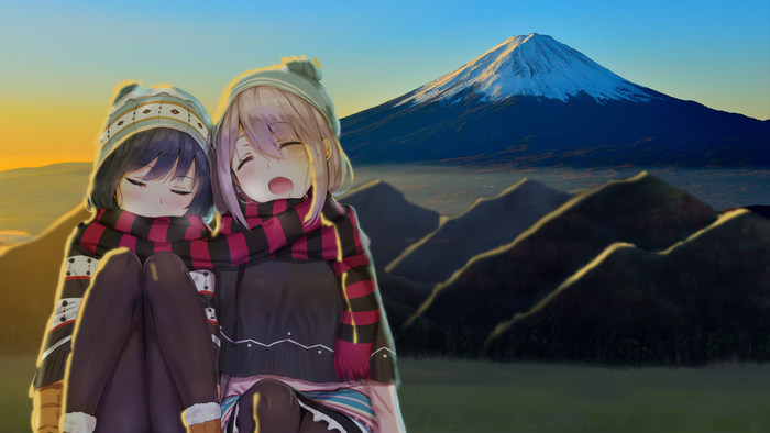 Nadeshiko Kagamihara and companion with Mount Fuji