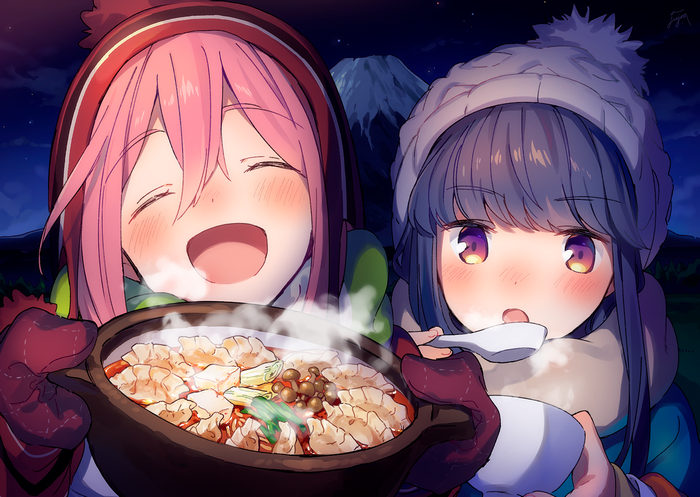 Nadeshiko Kagamihara and Rin Shima eating hot pot