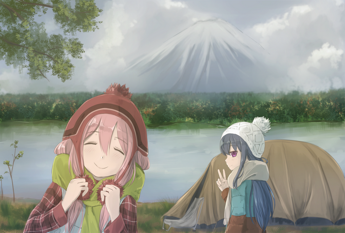 Nadeshiko Kagamihara and Rin Shima camping by a lake with Mount Fuji
