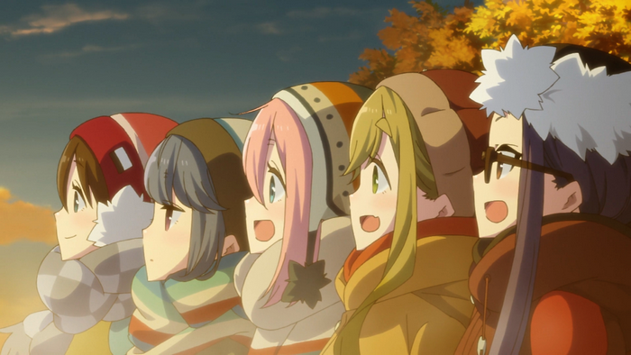 Girls from Laid-Back Camp in winter clothing