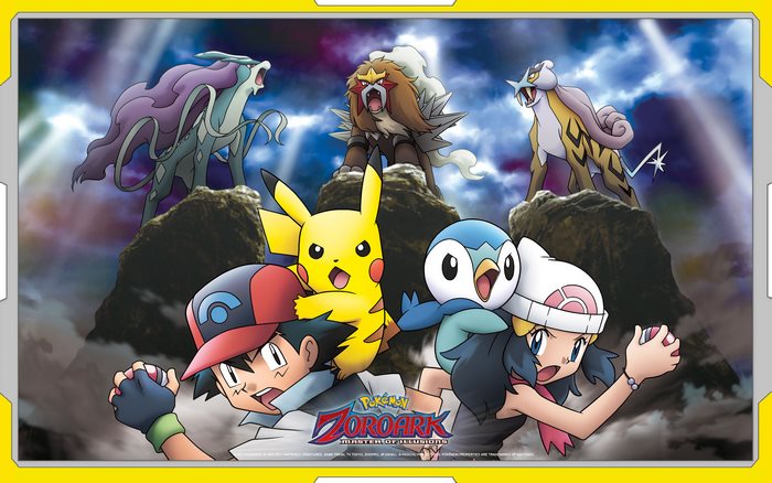 Pokemon Zoroark Master of Illusions with Ash, Dawn, Pikachu, and Legendary Beasts