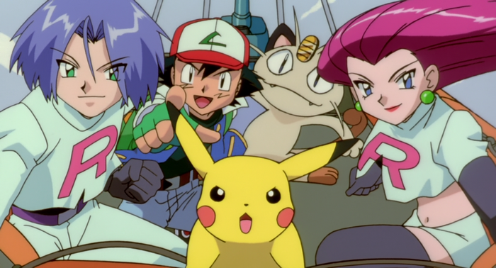 Ash Ketchum, Pikachu, James, Jessie, and Meowth from Pokémon