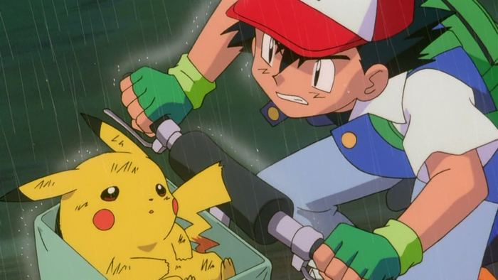 Ash Ketchum and Pikachu from Pokémon riding a bike in the rain