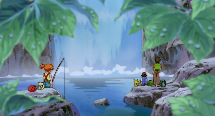 Misty, Ash, and Brock fishing by a waterfall