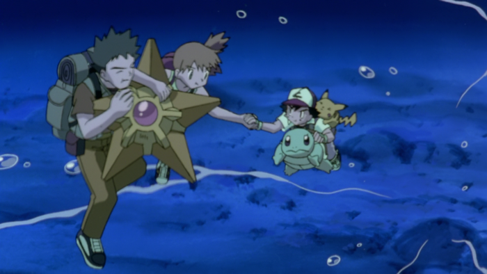Brock, Misty, Ash, Pikachu, Squirtle, and Starmie in water