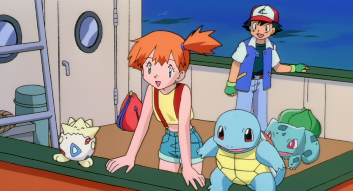 Ash and Misty with Pokémon on a boat