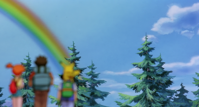 Ash Ketchum and friends with a rainbow