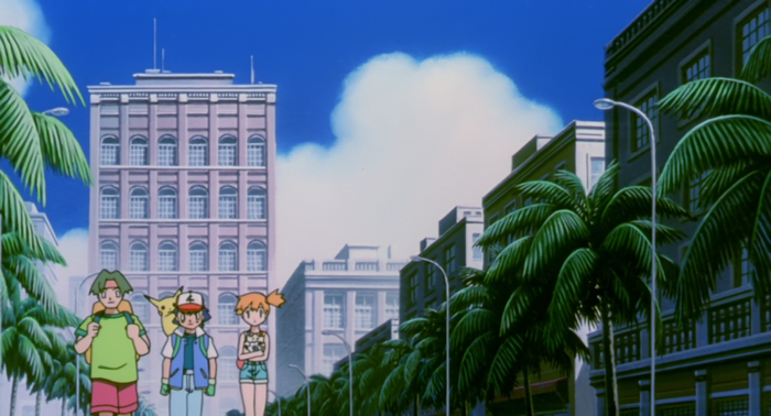 Ash Ketchum and friends in a city