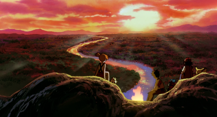 Ash Ketchum and friends watch the sunset over a river