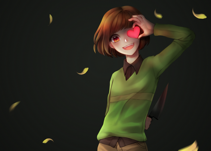 Chara from Undertale holding a heart and knife