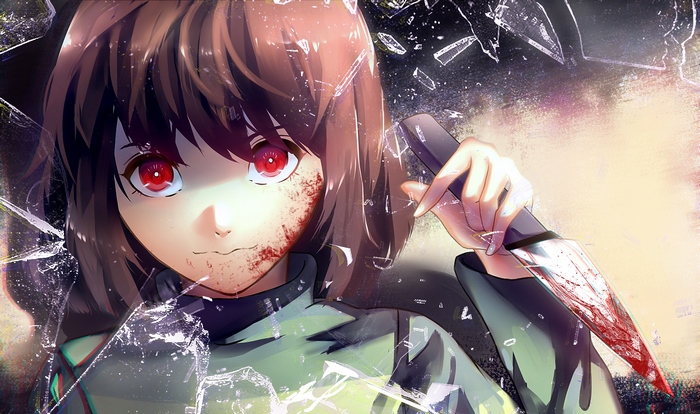 Chara from Undertale holding a bloody knife