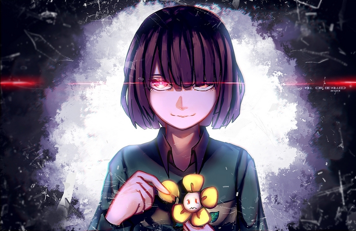 Chara from Undertale holding Flowey