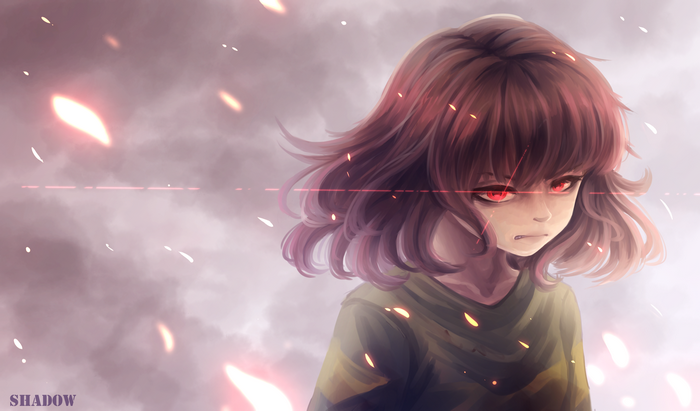 Chara from Undertale with red eyes