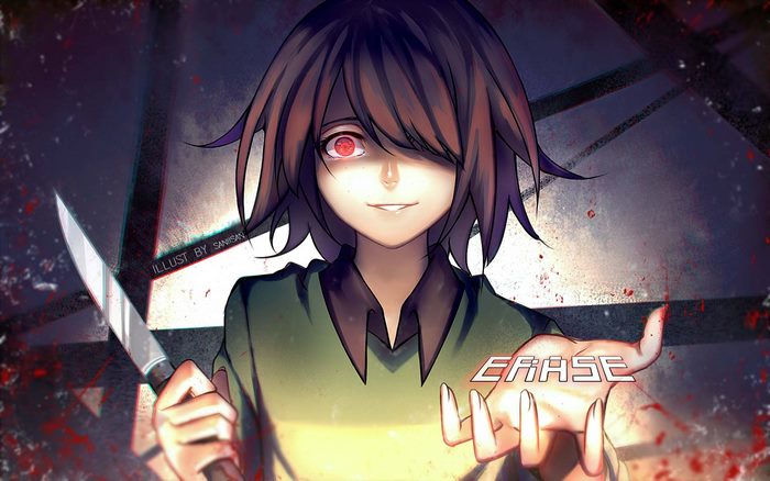 Chara from Undertale holding a knife