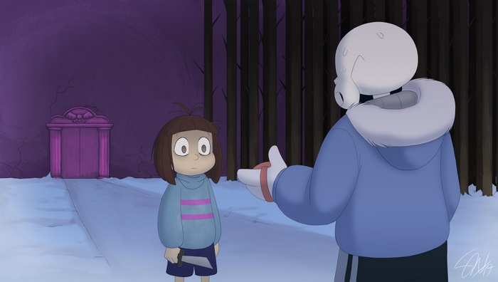 Chara and Sans from Undertale in a snowy forest