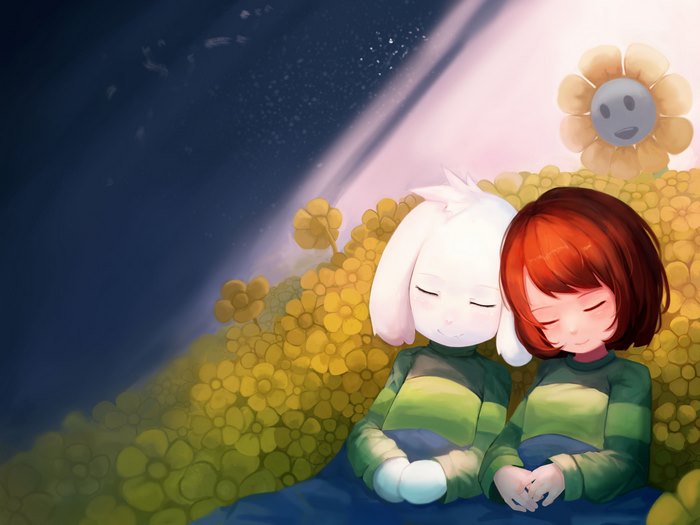 Chara and Asriel from Undertale sleeping in a field