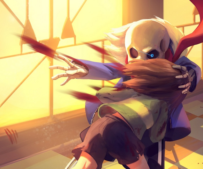Undertale Chara and Skeleton Embrace in Dramatic Light