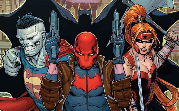 Red Hood and allies with Batman silhouette
