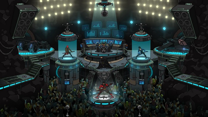 Red Hood and Batman band performing in Batcave